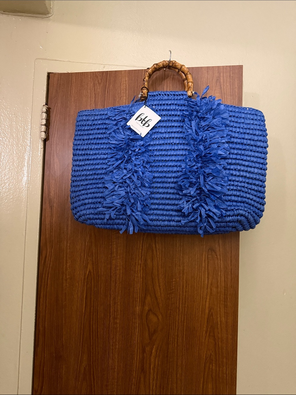 BCBG Blue Woven Tote with Bamboo Handles
